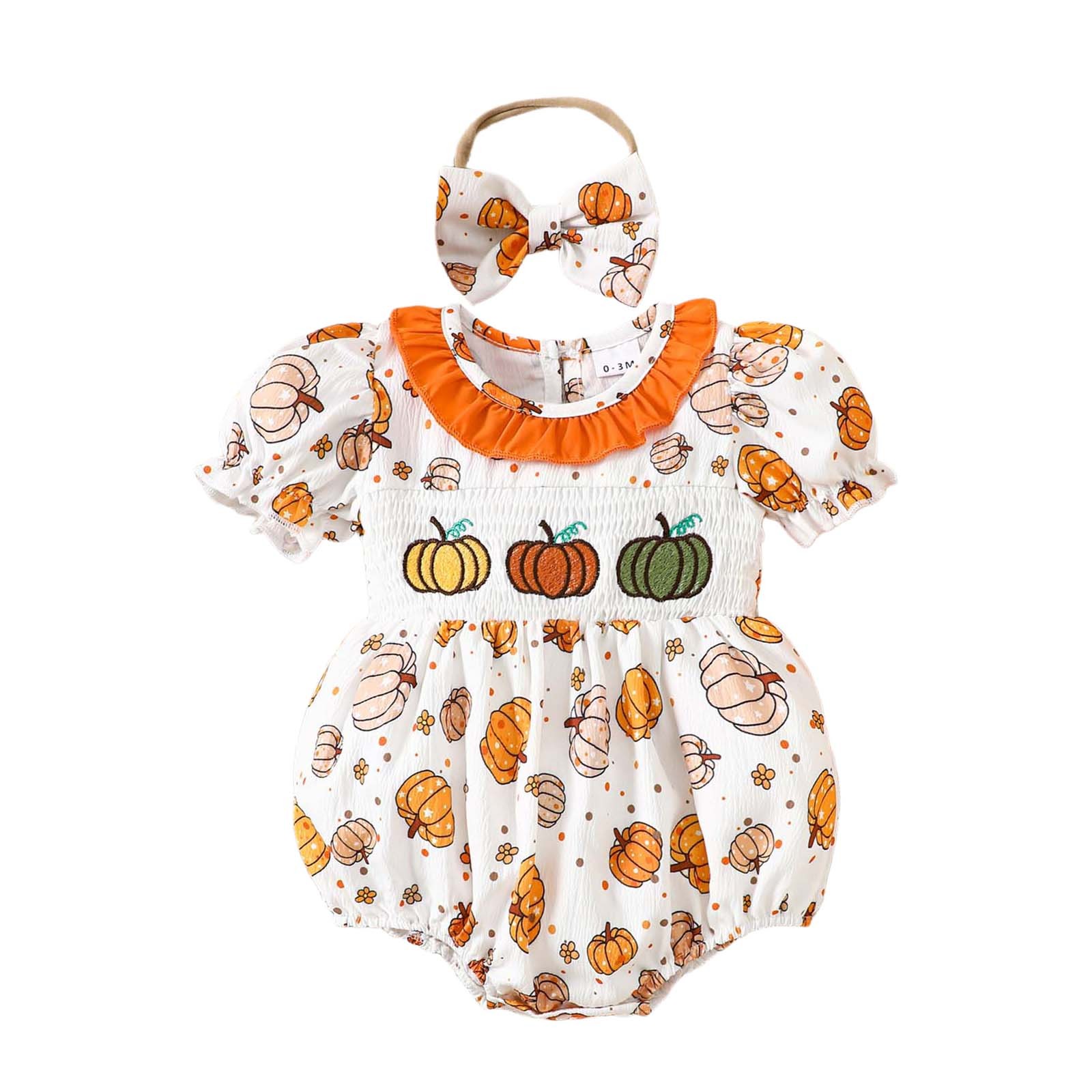 Girls Boys Onesie Cute Puff Sleeve Ruffled Round Neck Pumpkin Embroidery Halloween Bodysuit Newborn Trendy Halloween Party One-Pieces,Orange,6-12 Months